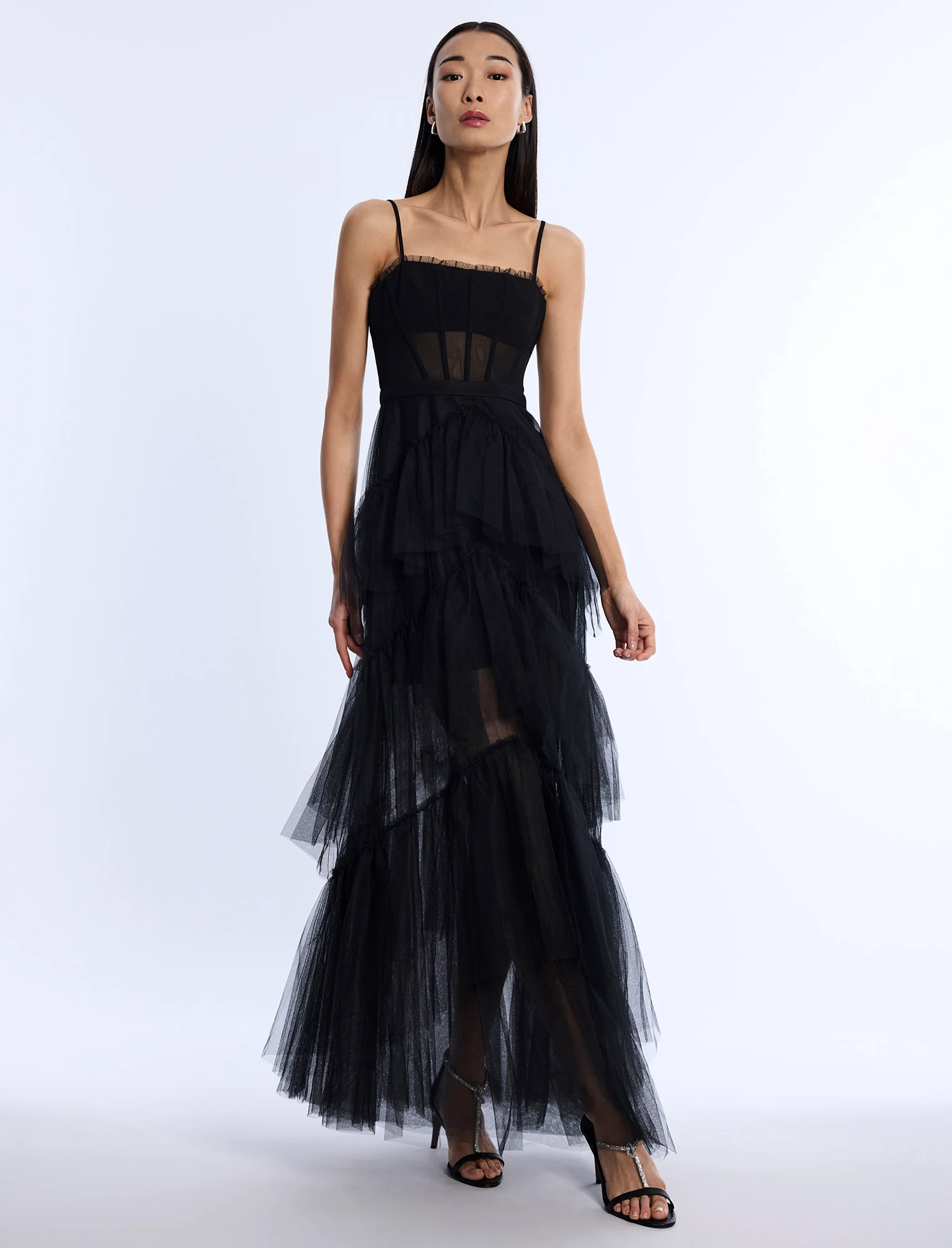 Oly Tiered Ruffle Tulle Evening Gown - Builderot