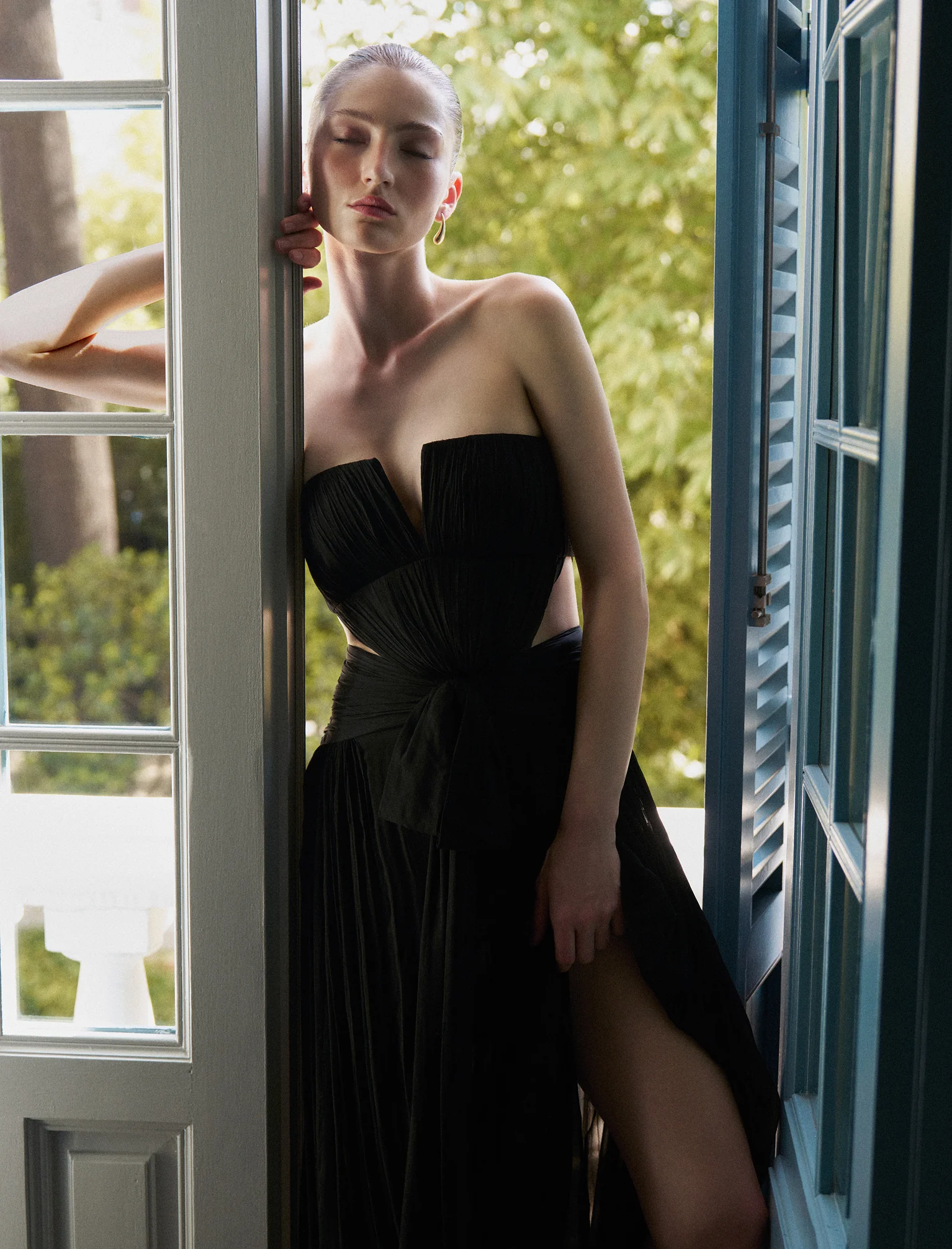 Cutout Shirring Bow Tie Gown - Builderot