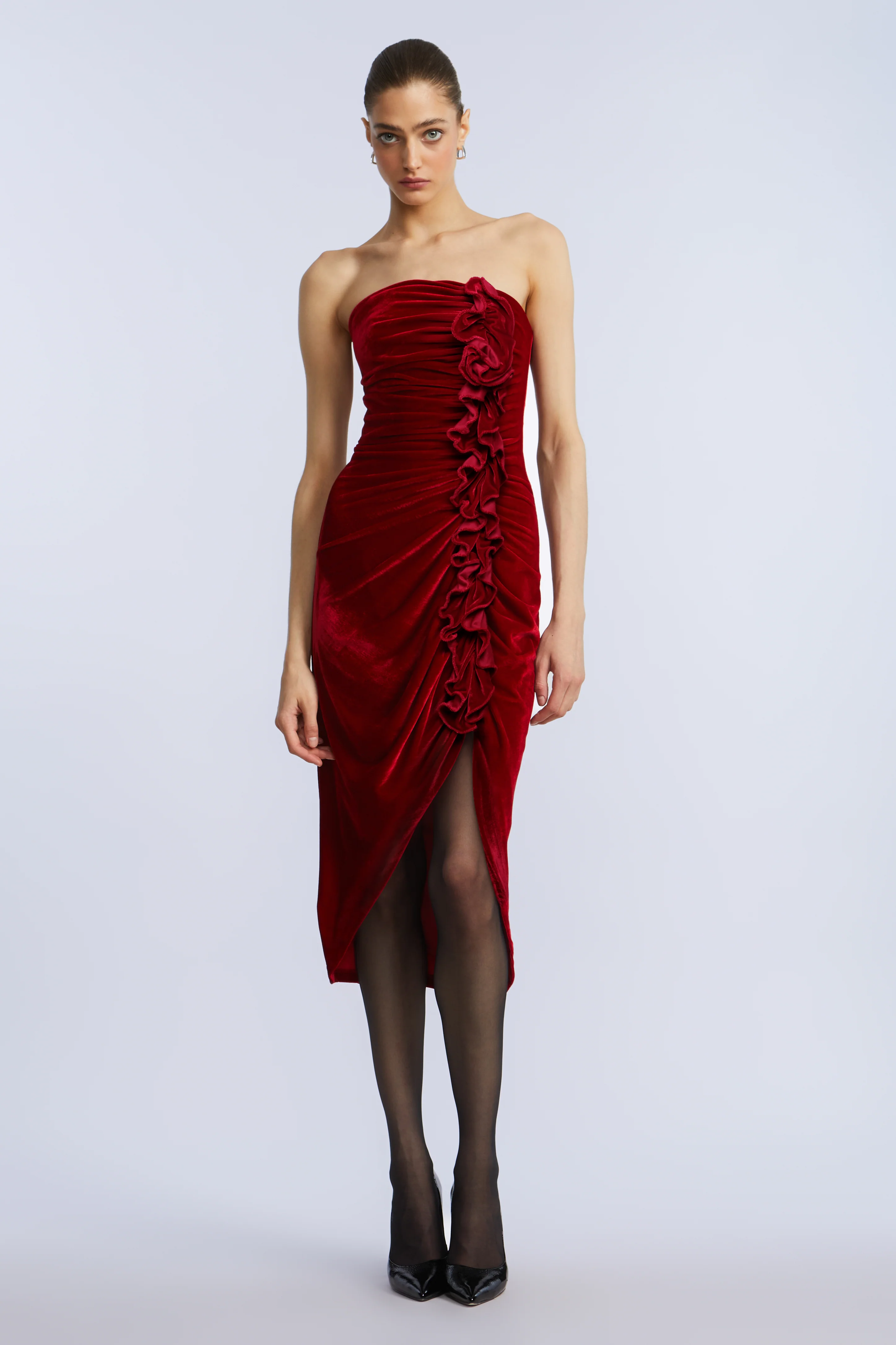 Strapless Velvet Ruffle Dress - Builderot